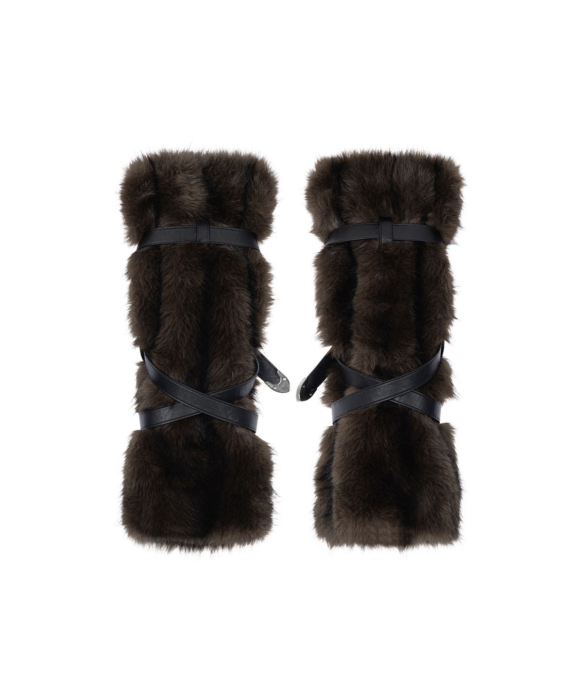 트리밍버드(TREEMINGBIRD) Leather-Buckled Faux-Fur Leg Warmers [ Dark Brown ]