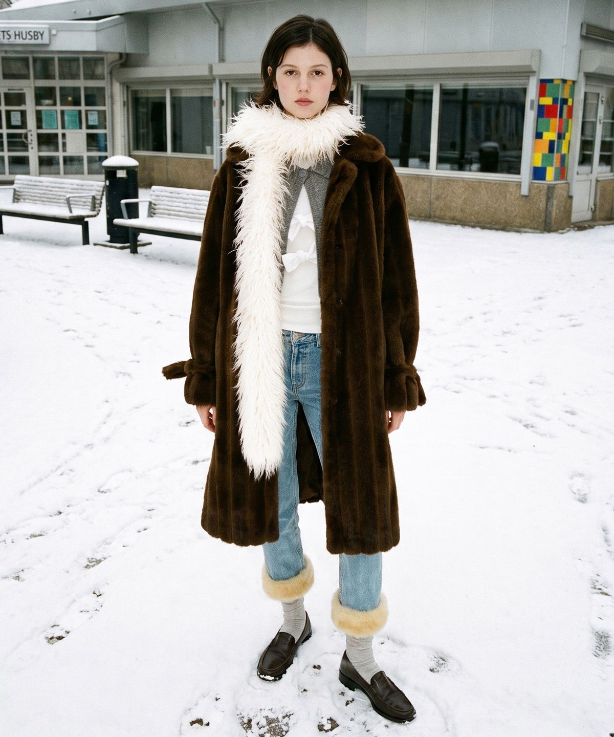시눈(SINOON) Fluffy Hairy Fur Scarf (Ivory)