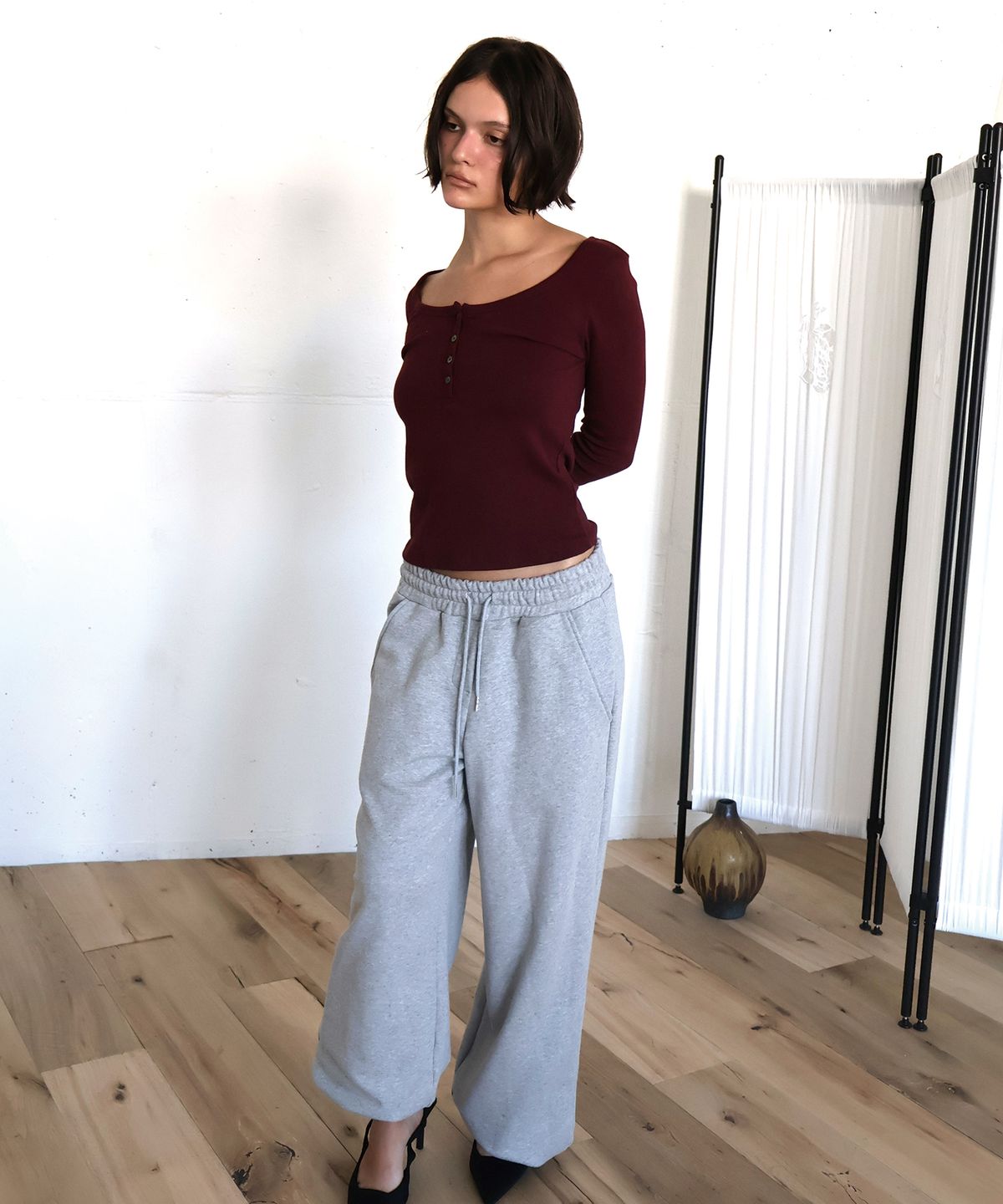 아수라(ASURA) COTTON HENLEY LONG SLEEVE T (WINE)