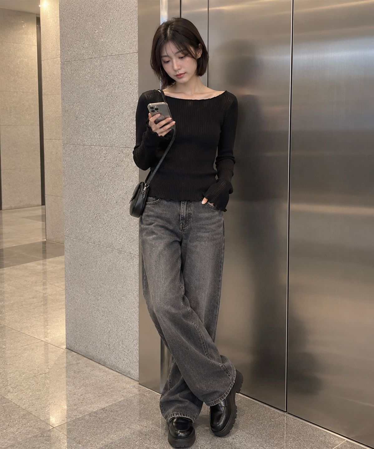 콜릿(KOLEAT) 데일리 플리츠 프리미엄 긴팔티 롱슬리브 [블랙] 6261