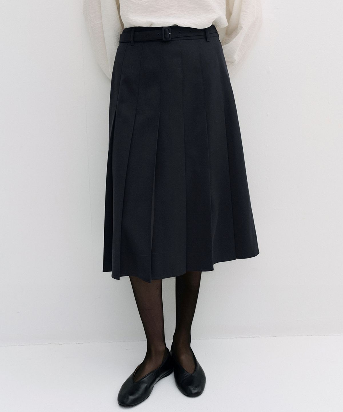 블랭크03(BLANK03) wool pleats belt skirt (deep navy)
