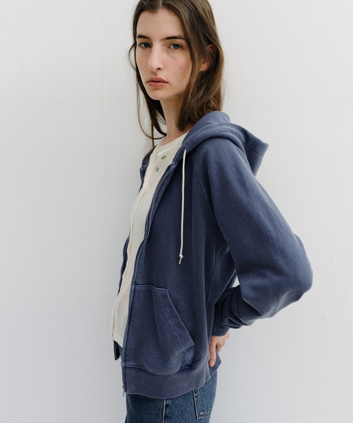 블랭크03(BLANK03) garment pigment-dyed hooded zip-up (vintage blue)