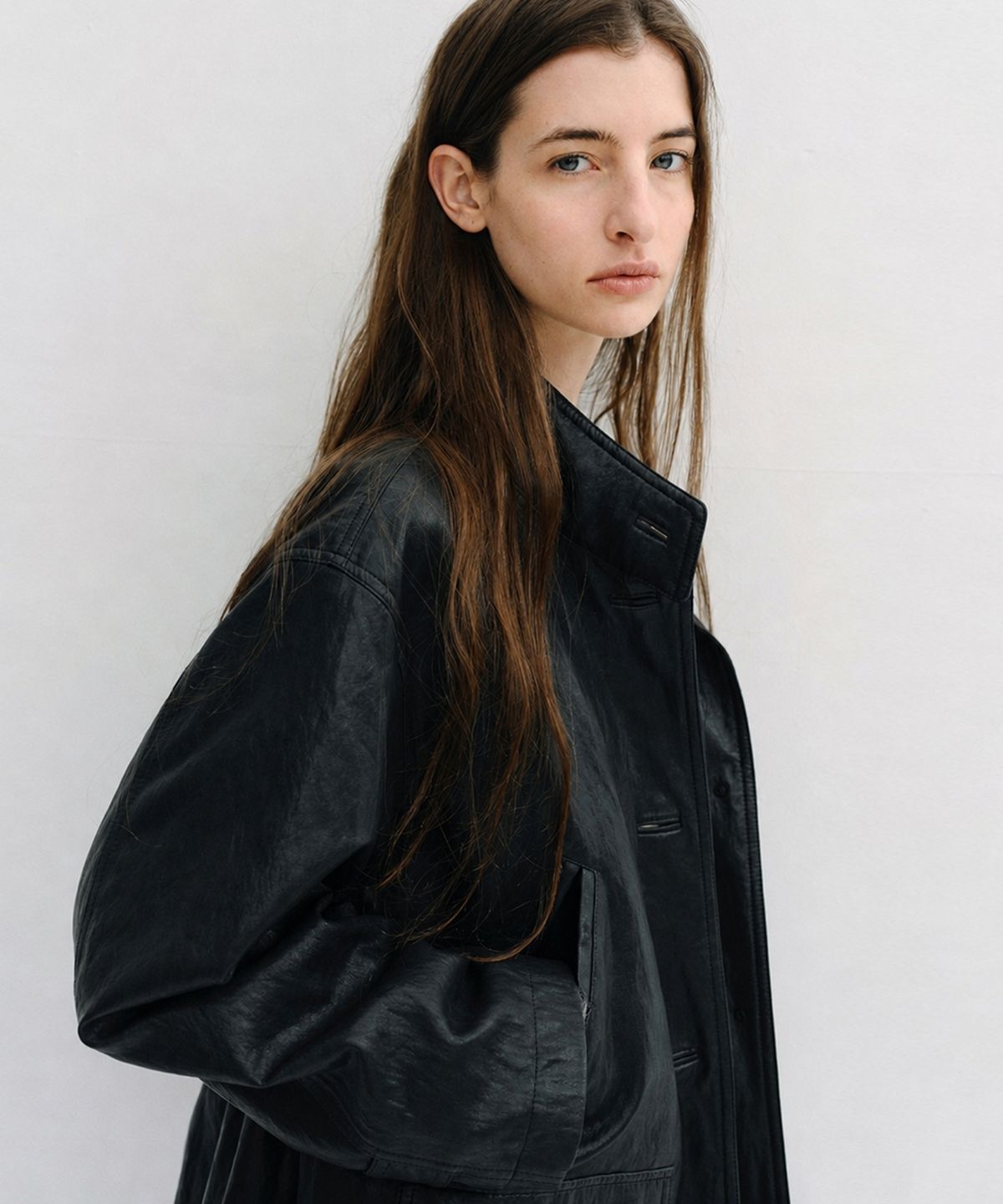 블랭크03(BLANK03) padded vintage leather half coat (black)