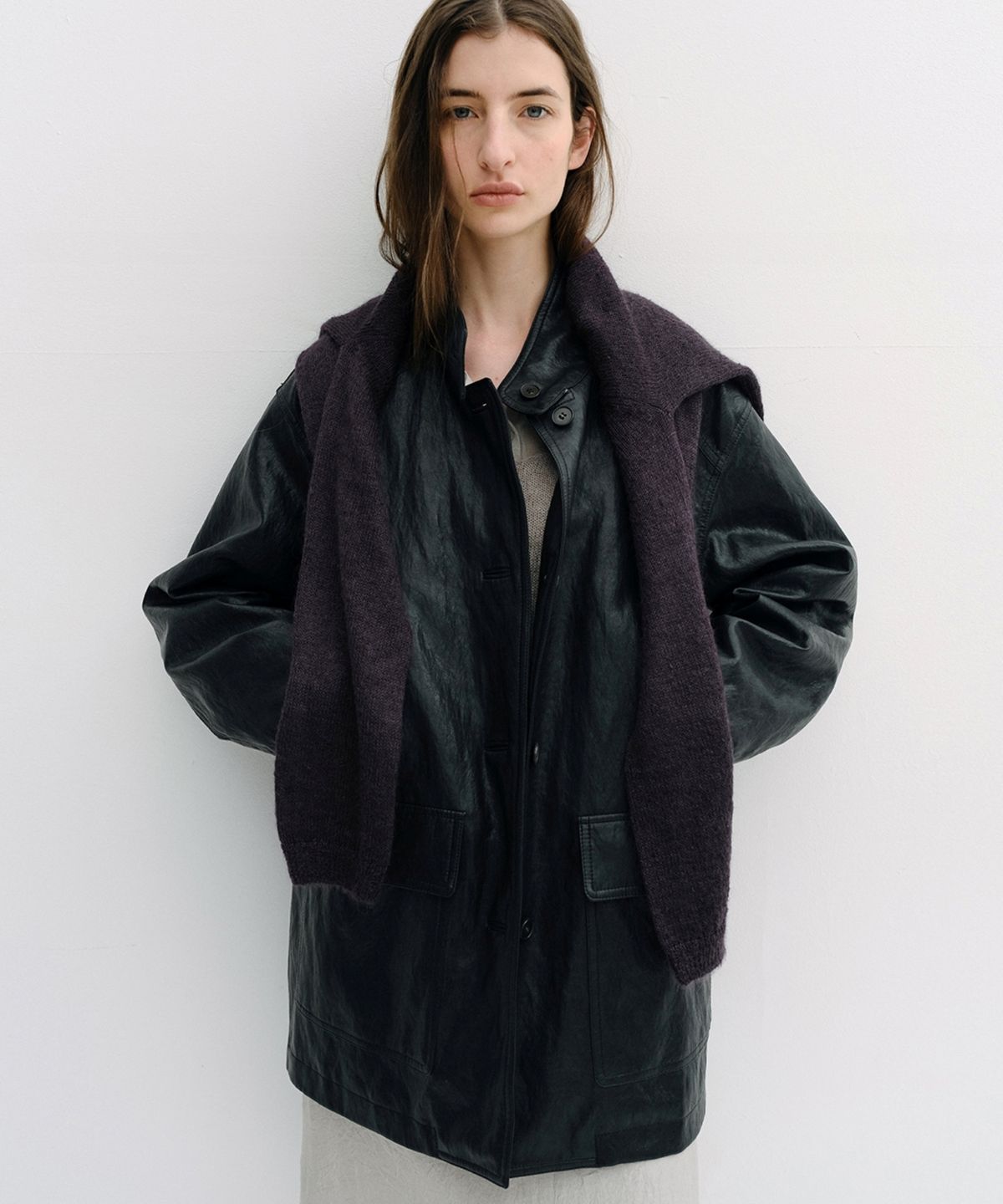 블랭크03(BLANK03) padded vintage leather half coat (black)