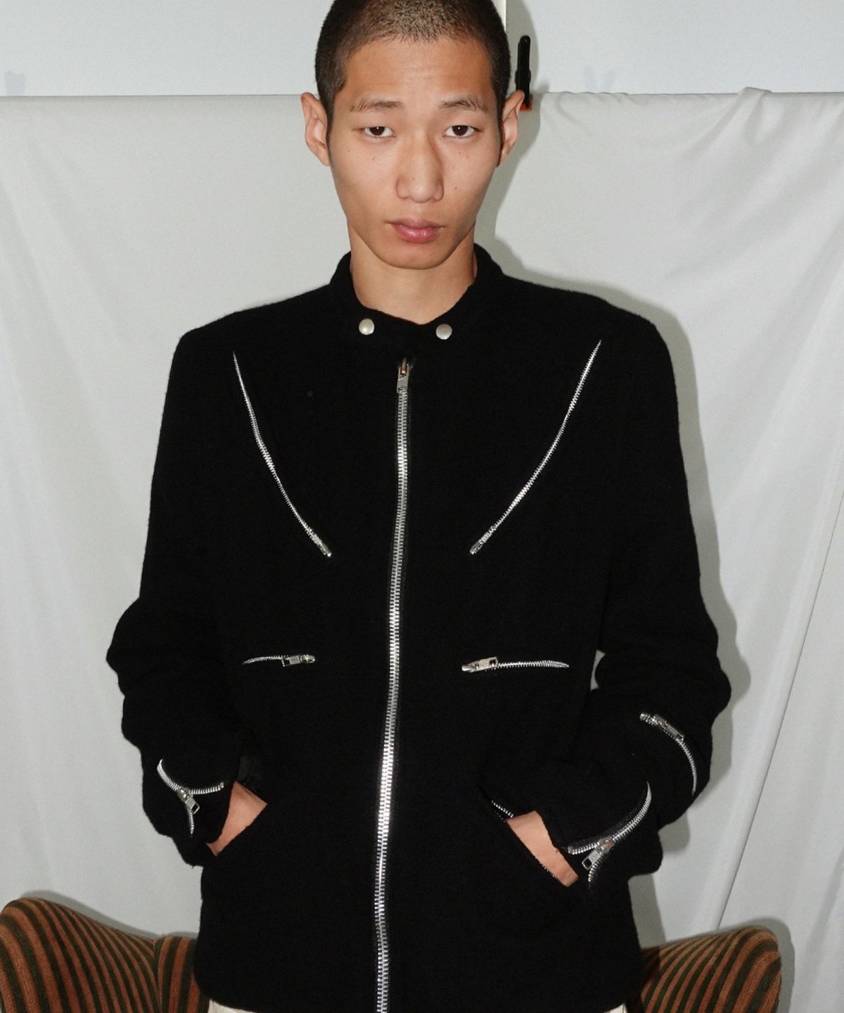 더뮤지엄비지터(THEMUSEUMVISITOR) WASHED WOOL MULTI-ZIP JACKET (BLACK)