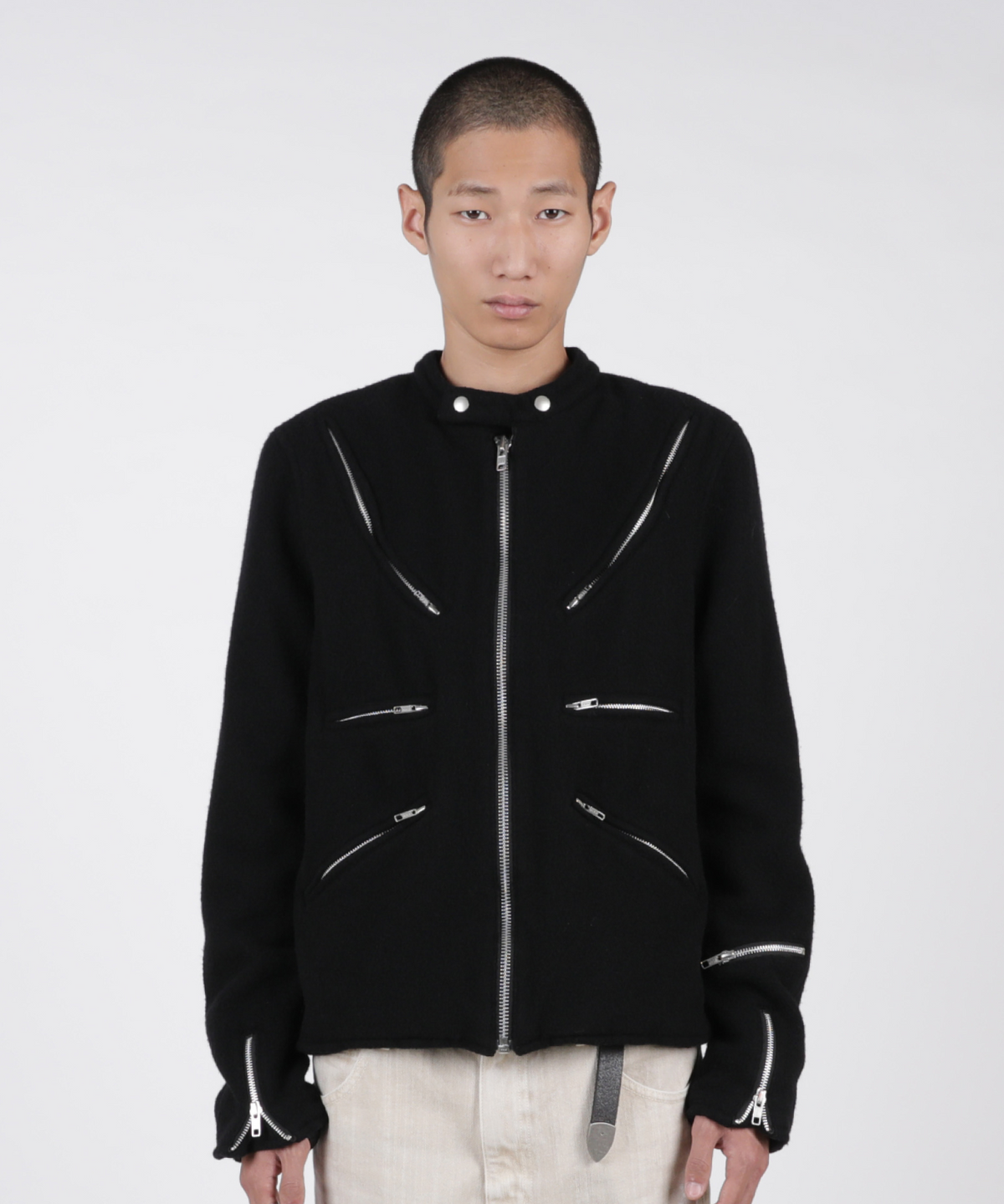 더뮤지엄비지터(THEMUSEUMVISITOR) WASHED WOOL MULTI-ZIP JACKET (BLACK)
