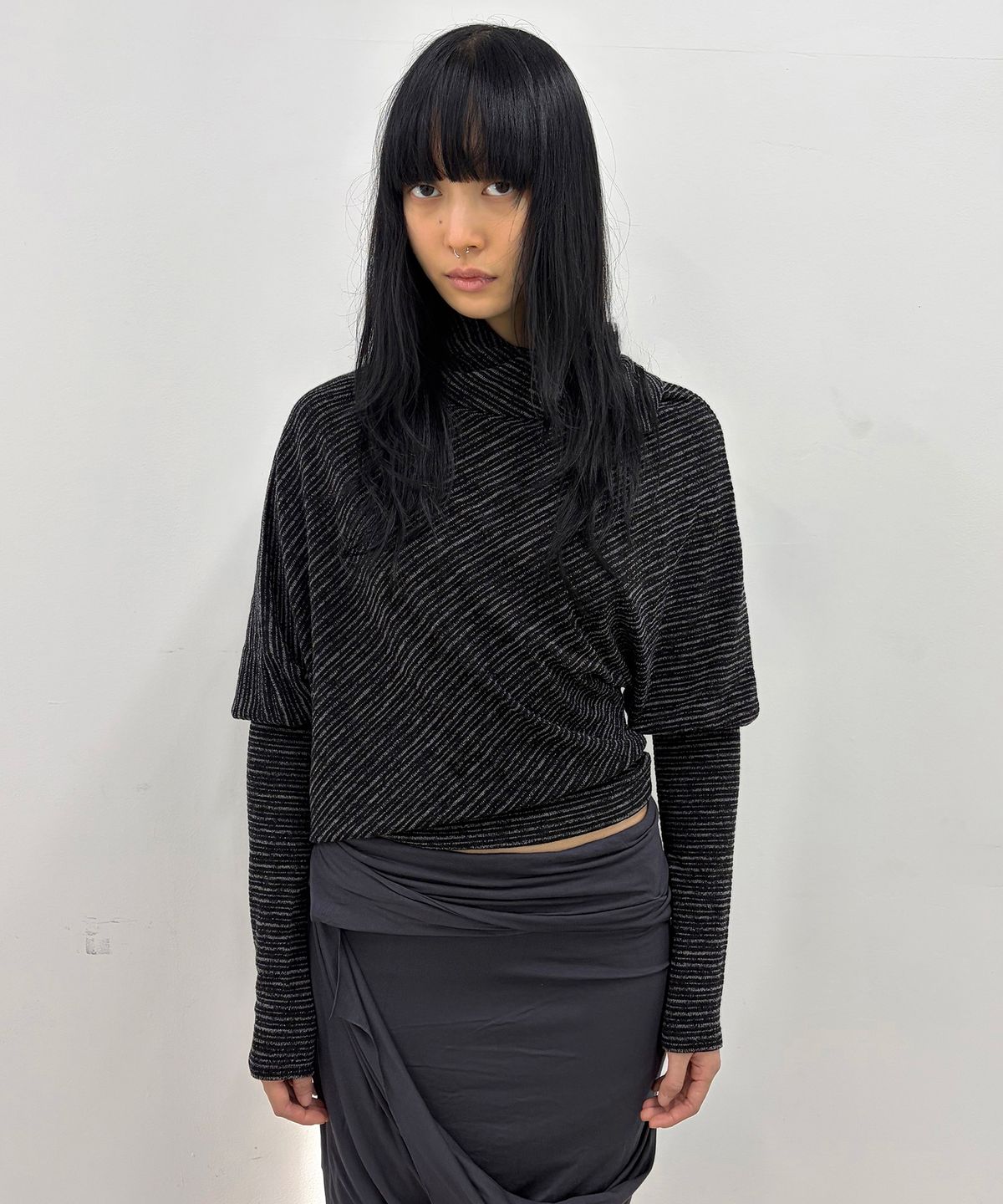 플레어업(FLAREUP) Knit Asymmetrical Long Sleeve (FL-193_Stripe Black)