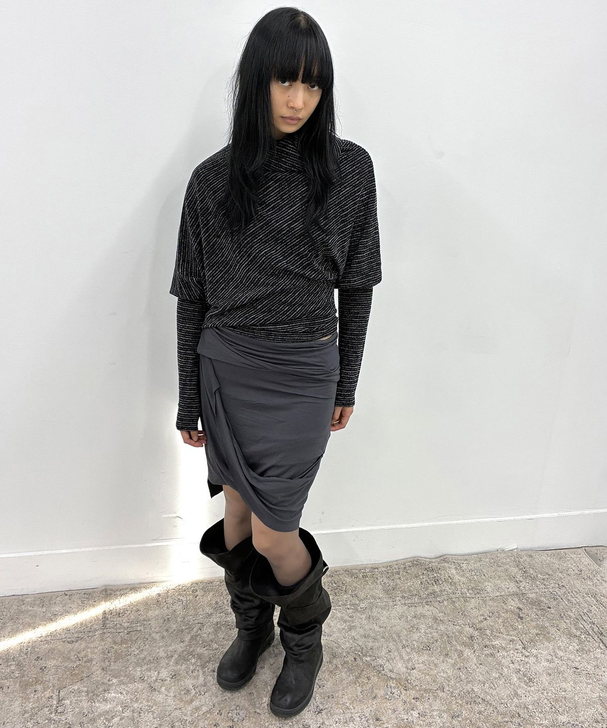 플레어업(FLAREUP) Knit Asymmetrical Long Sleeve (FL-193_Stripe Black)