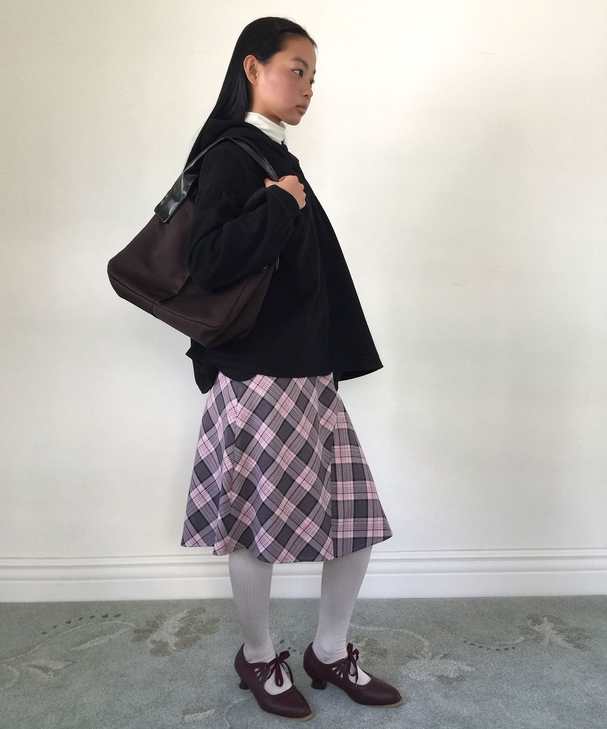 인오도르(INODORE) BIAS CHECK MIDI SKIRT _ PINK