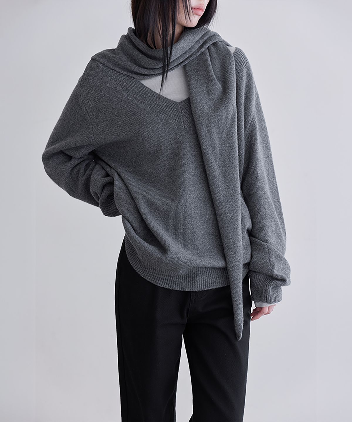 런던다다(LONDONDADA) Wool-Blend Knit Shawl, CHARCOAL