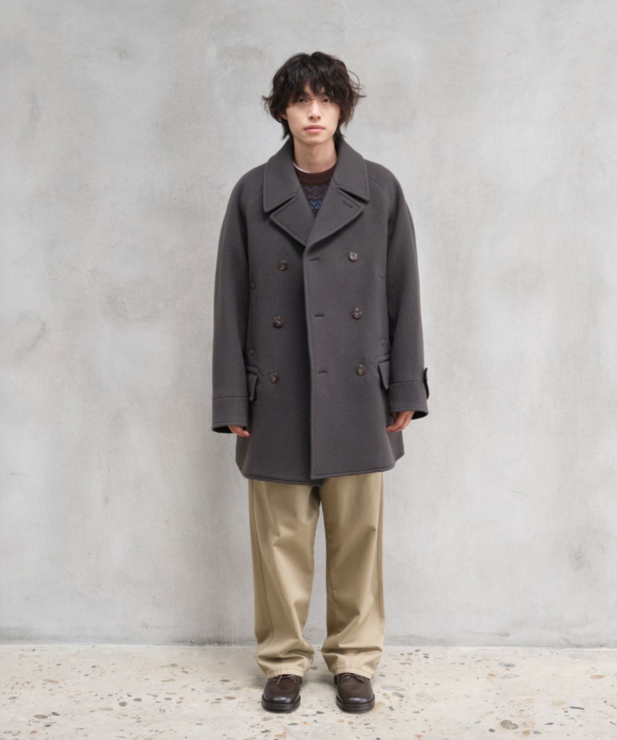 홀리선(HORLISUN) Captain Wool Twill Pea Coat Charcoal