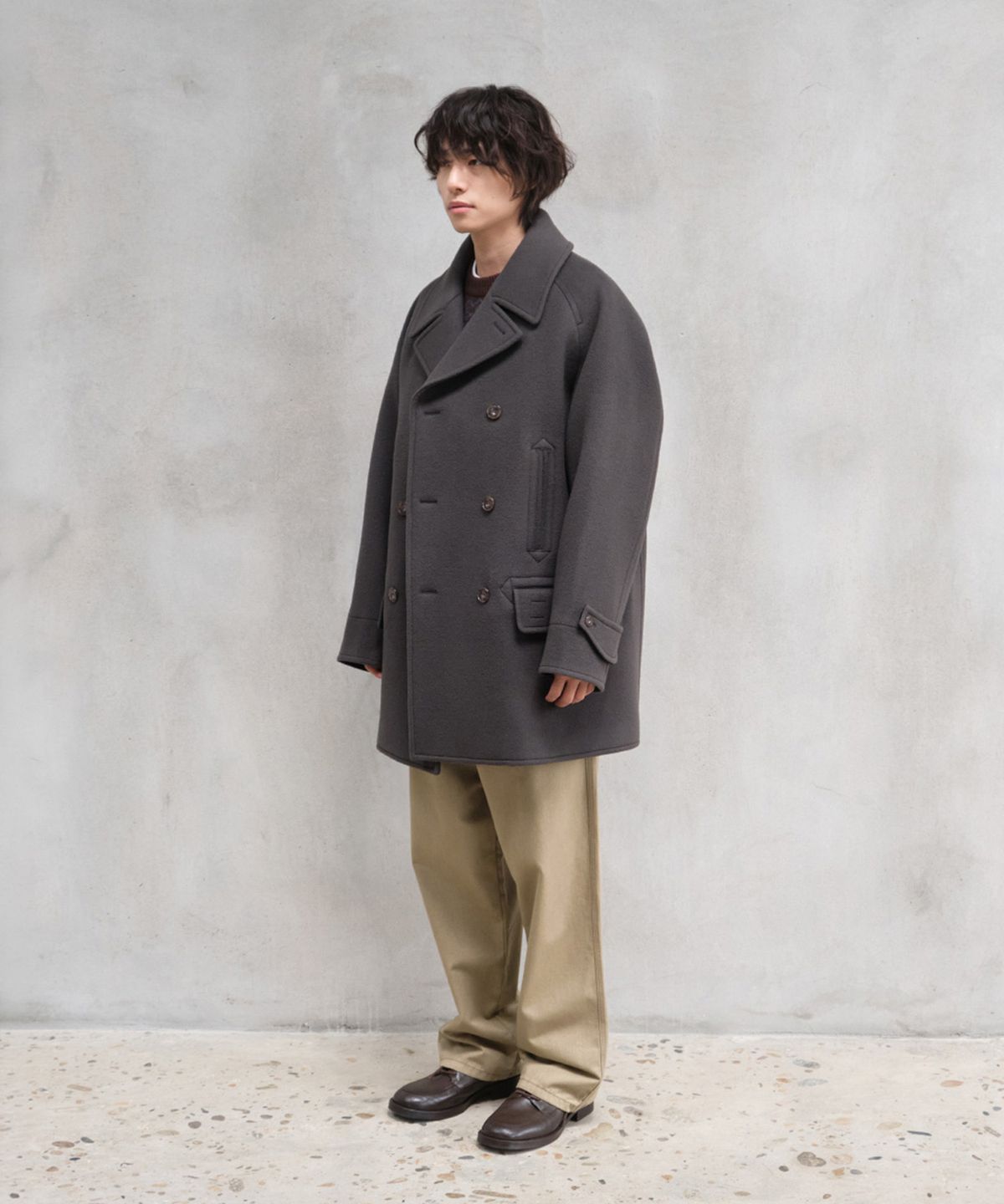 홀리선(HORLISUN) Captain Wool Twill Pea Coat Charcoal
