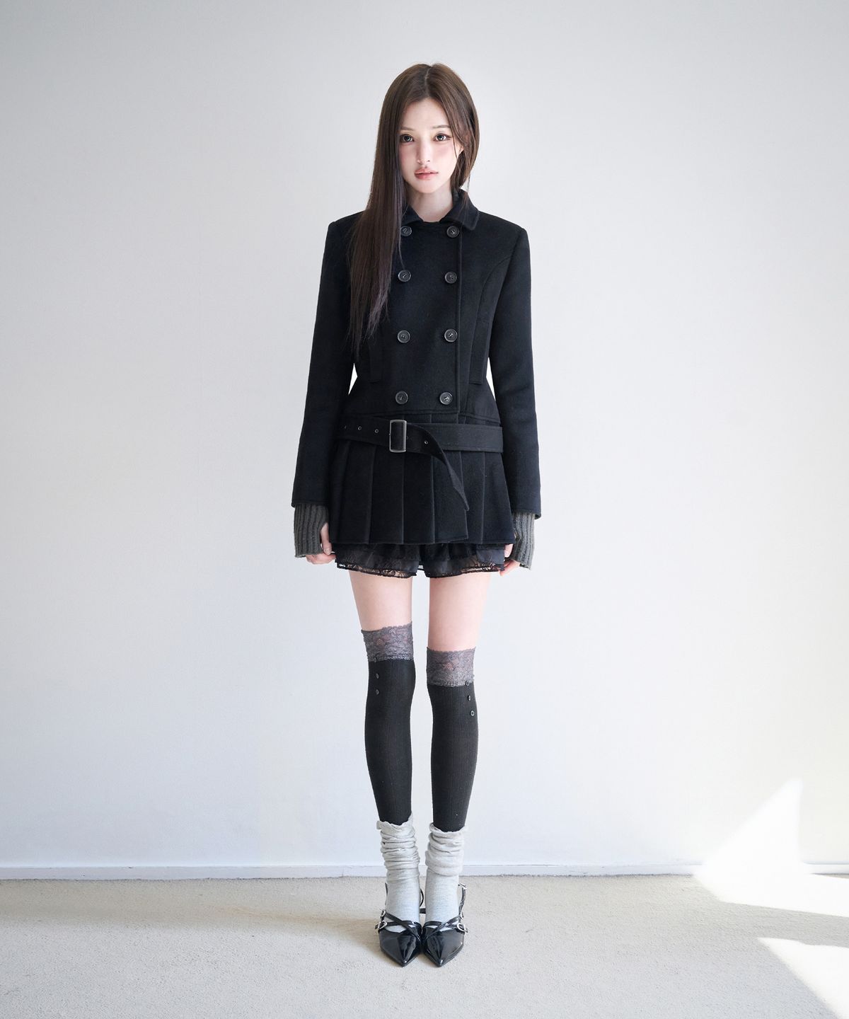 레이즈미야(REISE MIYA) 세라 플리츠 하프코트 [BLACK]