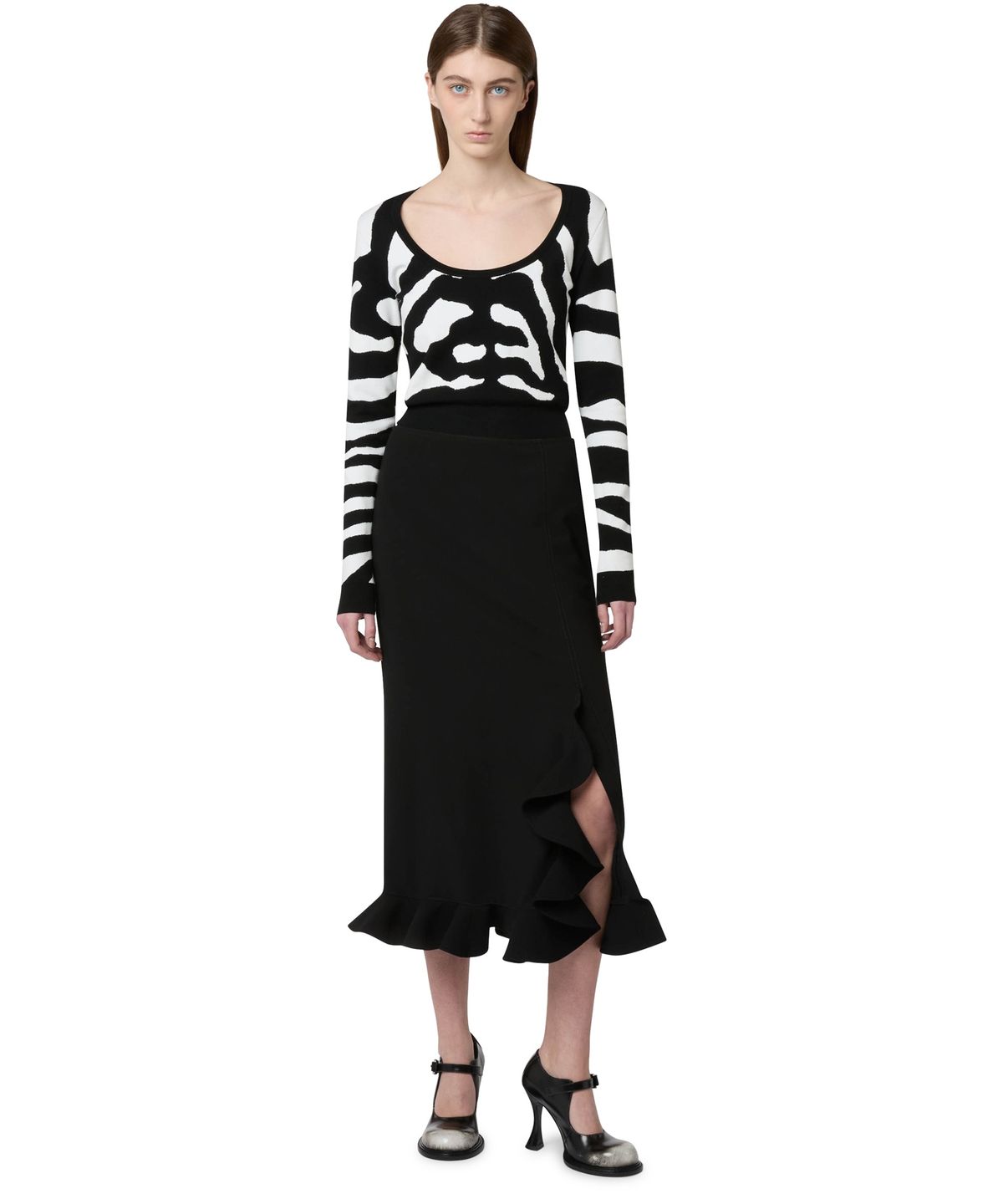 모스키노(MOSCHINO) 러플 헴 스트레치 크레이프 미디 스커트