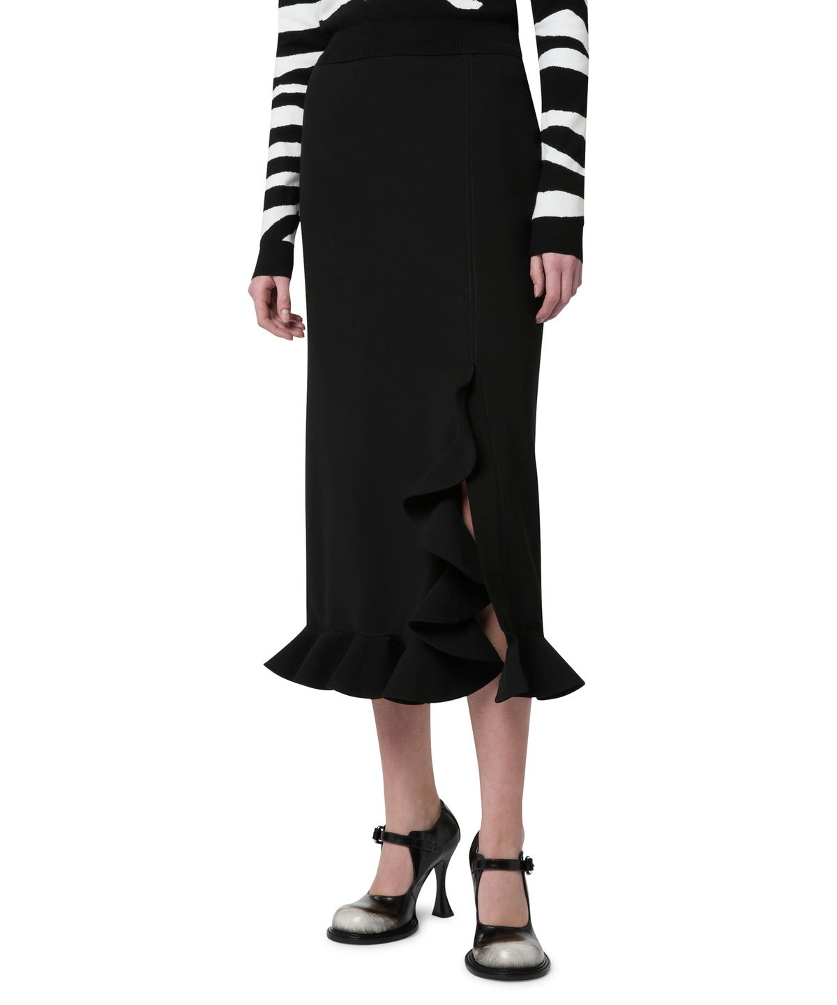모스키노(MOSCHINO) 러플 헴 스트레치 크레이프 미디 스커트