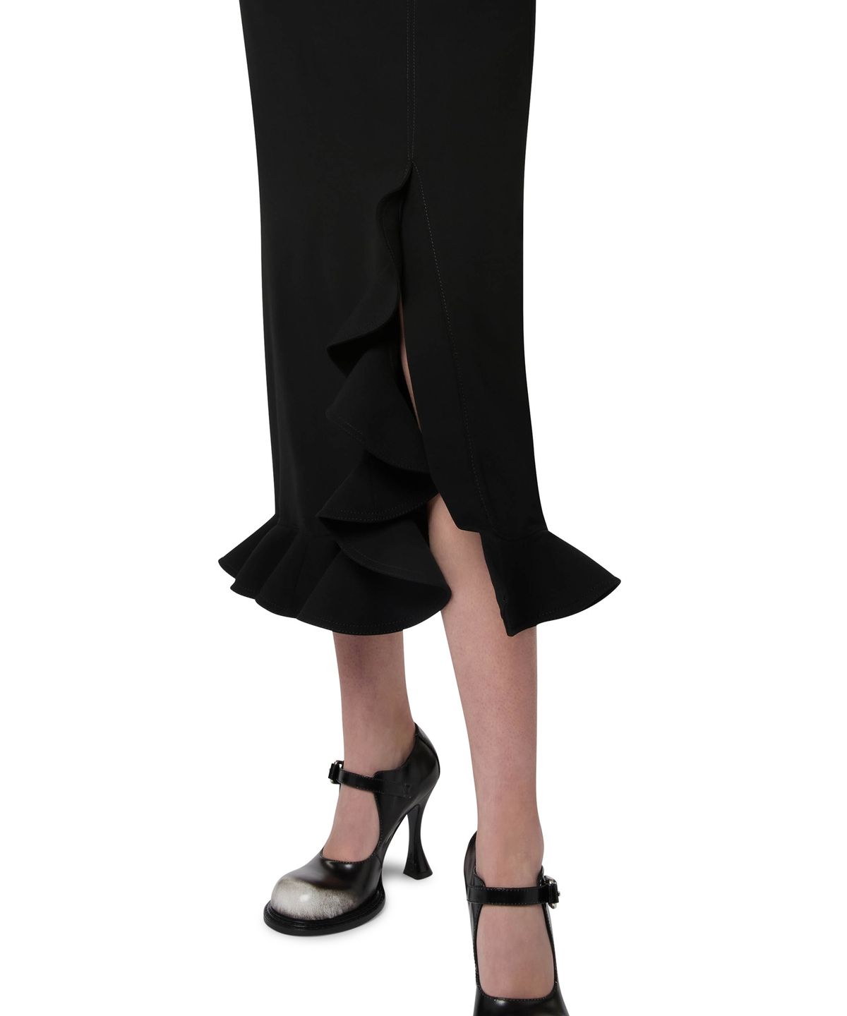 모스키노(MOSCHINO) 러플 헴 스트레치 크레이프 미디 스커트