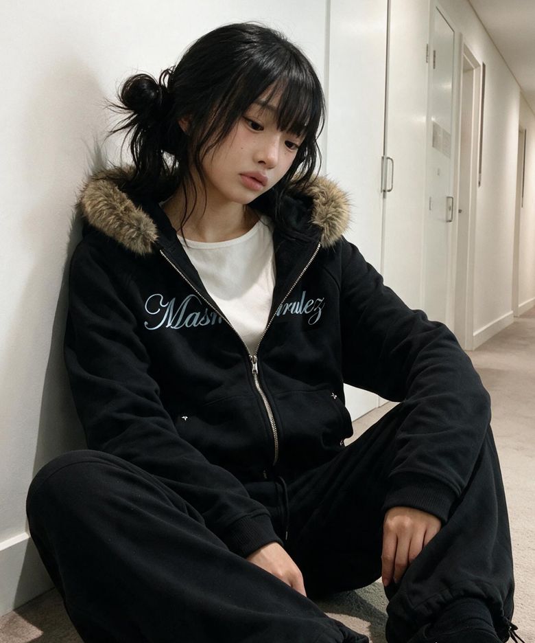 Sparkle Fur-Trim Hood Zip-Up_Black