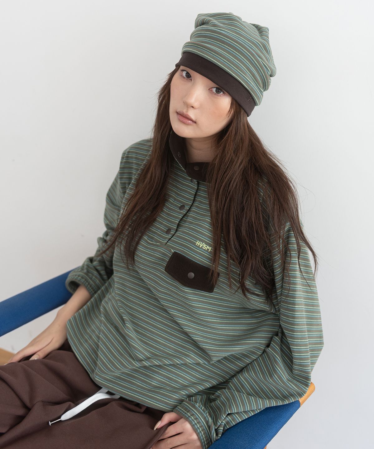 해비즘(HAVISM) STRIPE FLEECE HALF NECK SWEATSHIRT(GREEN)
