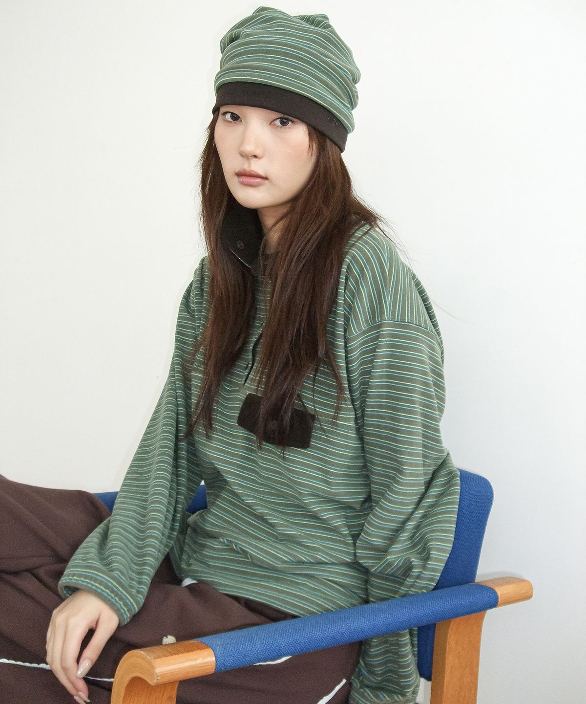 해비즘(HAVISM) STRIPE FLEECE HALF NECK SWEATSHIRT(GREEN)