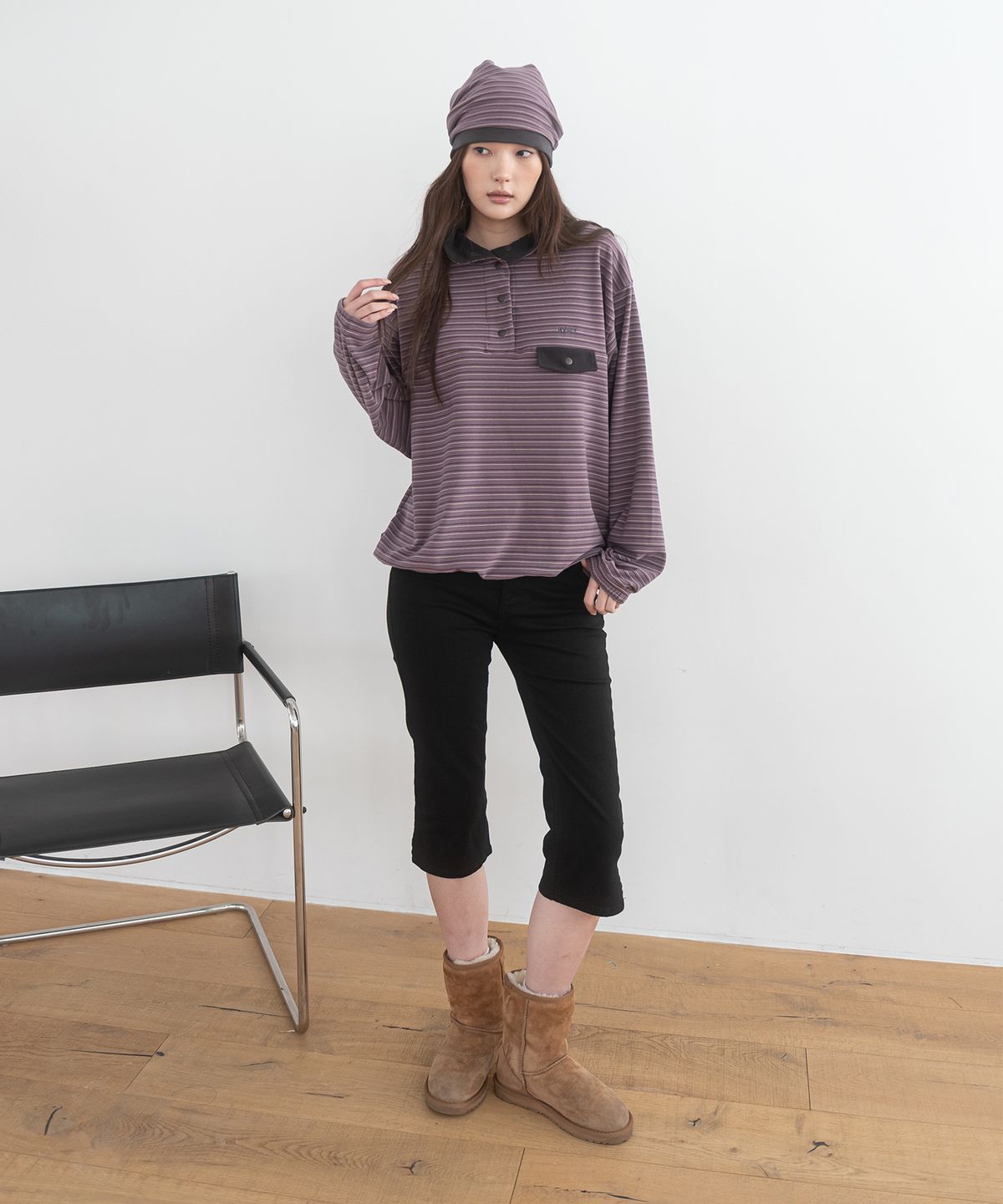 해비즘(HAVISM) STRIPE FLEECE HALF NECK SWEATSHIRT(PURPLE)