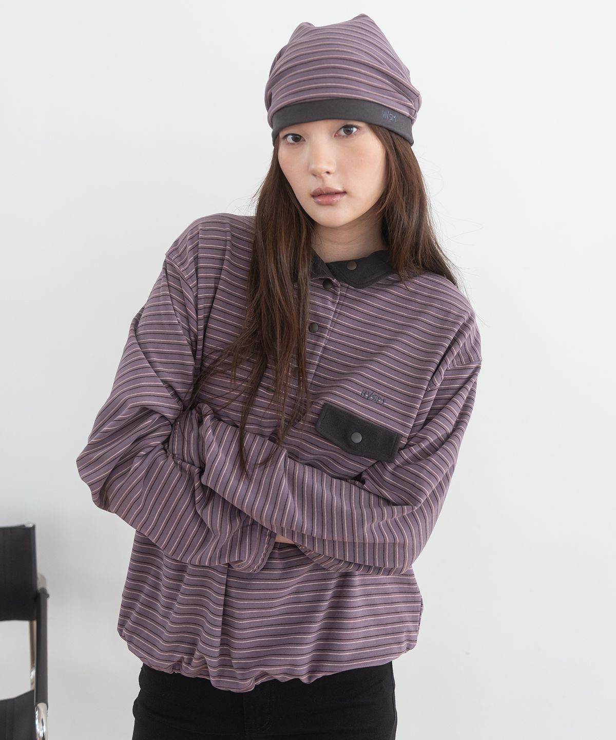 해비즘(HAVISM) STRIPE FLEECE HALF NECK SWEATSHIRT(PURPLE)