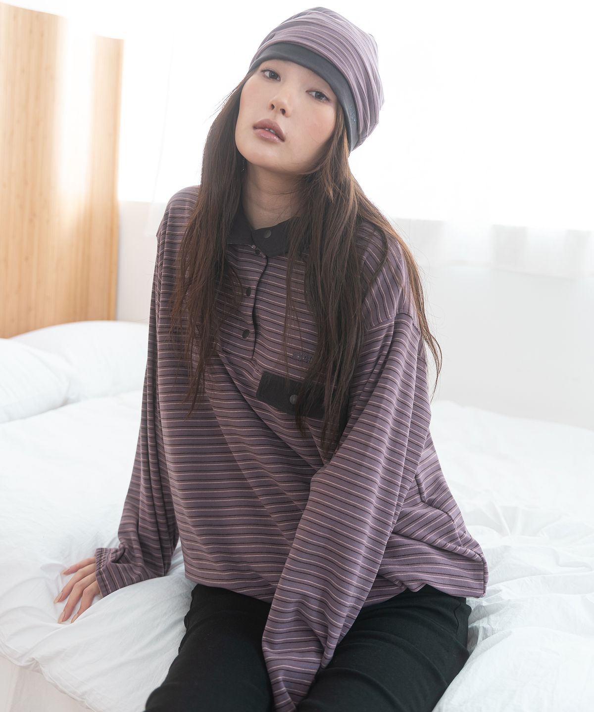 해비즘(HAVISM) STRIPE FLEECE HALF NECK SWEATSHIRT(PURPLE)