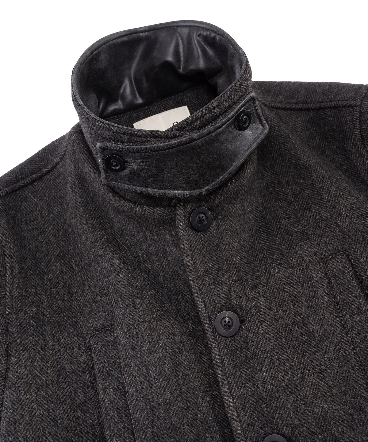 프레프(PREF) LEATHER COLLAR HERRINGBONE BARN COAT