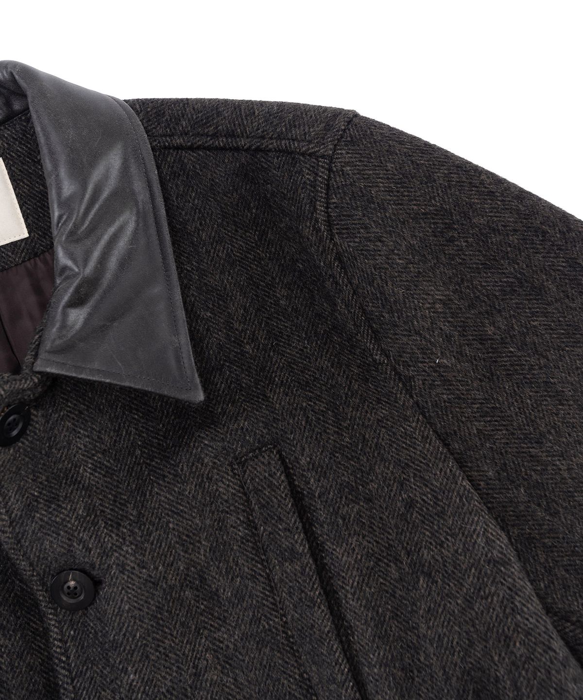 프레프(PREF) LEATHER COLLAR HERRINGBONE BARN COAT