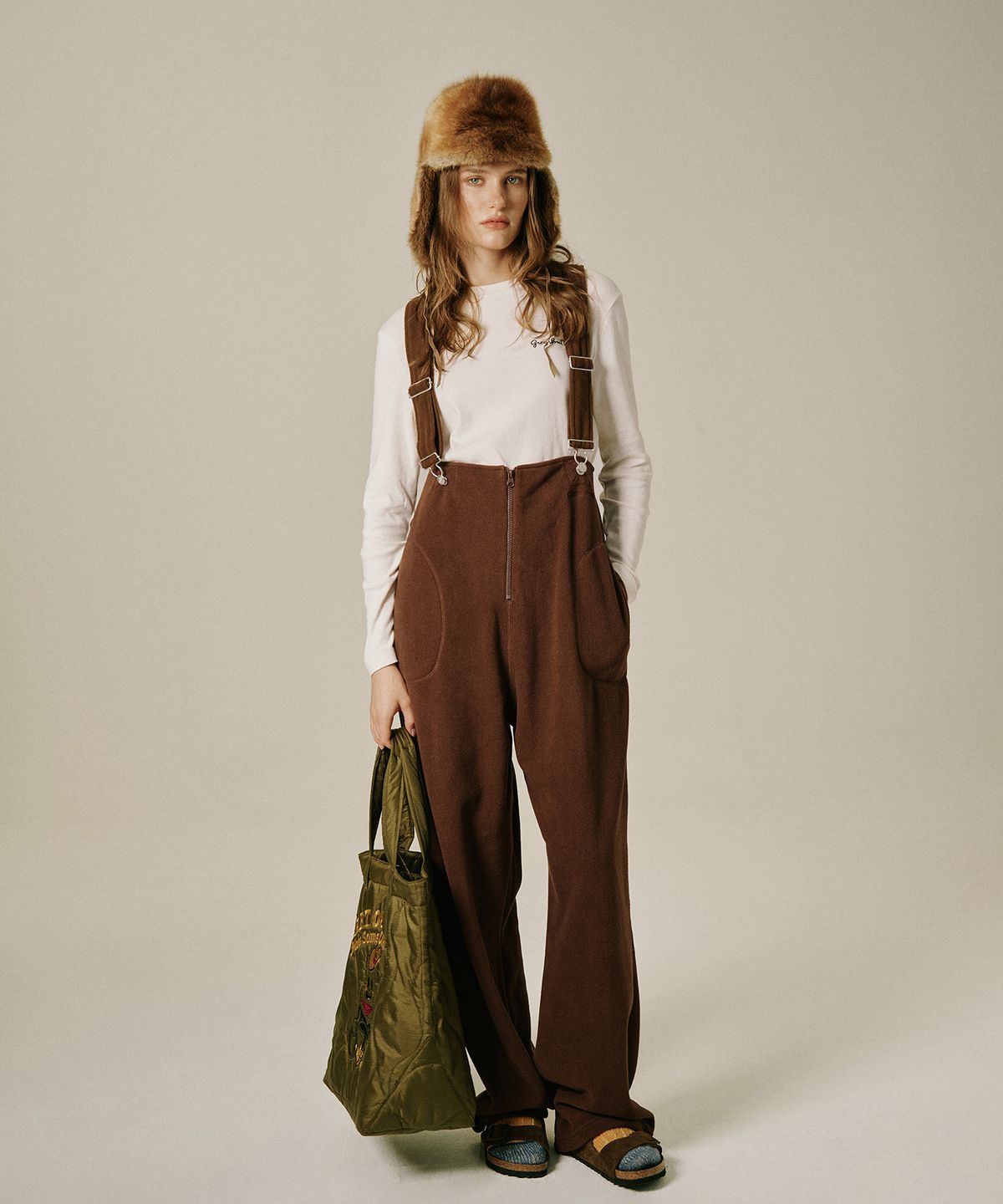 그린버터(GREENBUTTER) Fleece Zip Overall Pants (Brown)