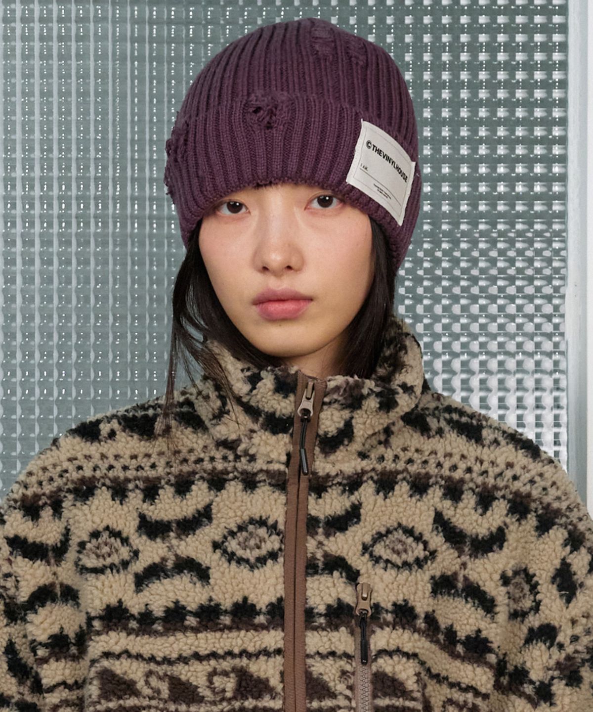 더바이닐하우스(THEVINYLHOUSE) DAMAGE KNIT BEANIE PURPLE