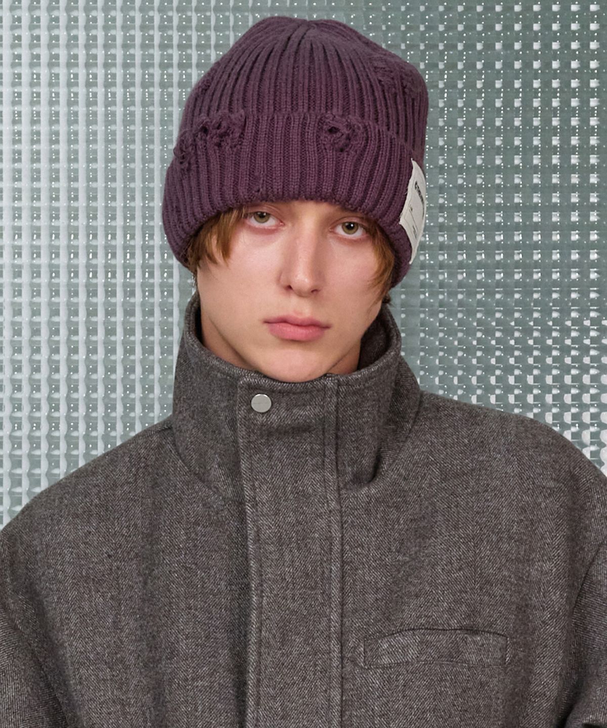 더바이닐하우스(THEVINYLHOUSE) DAMAGE KNIT BEANIE PURPLE