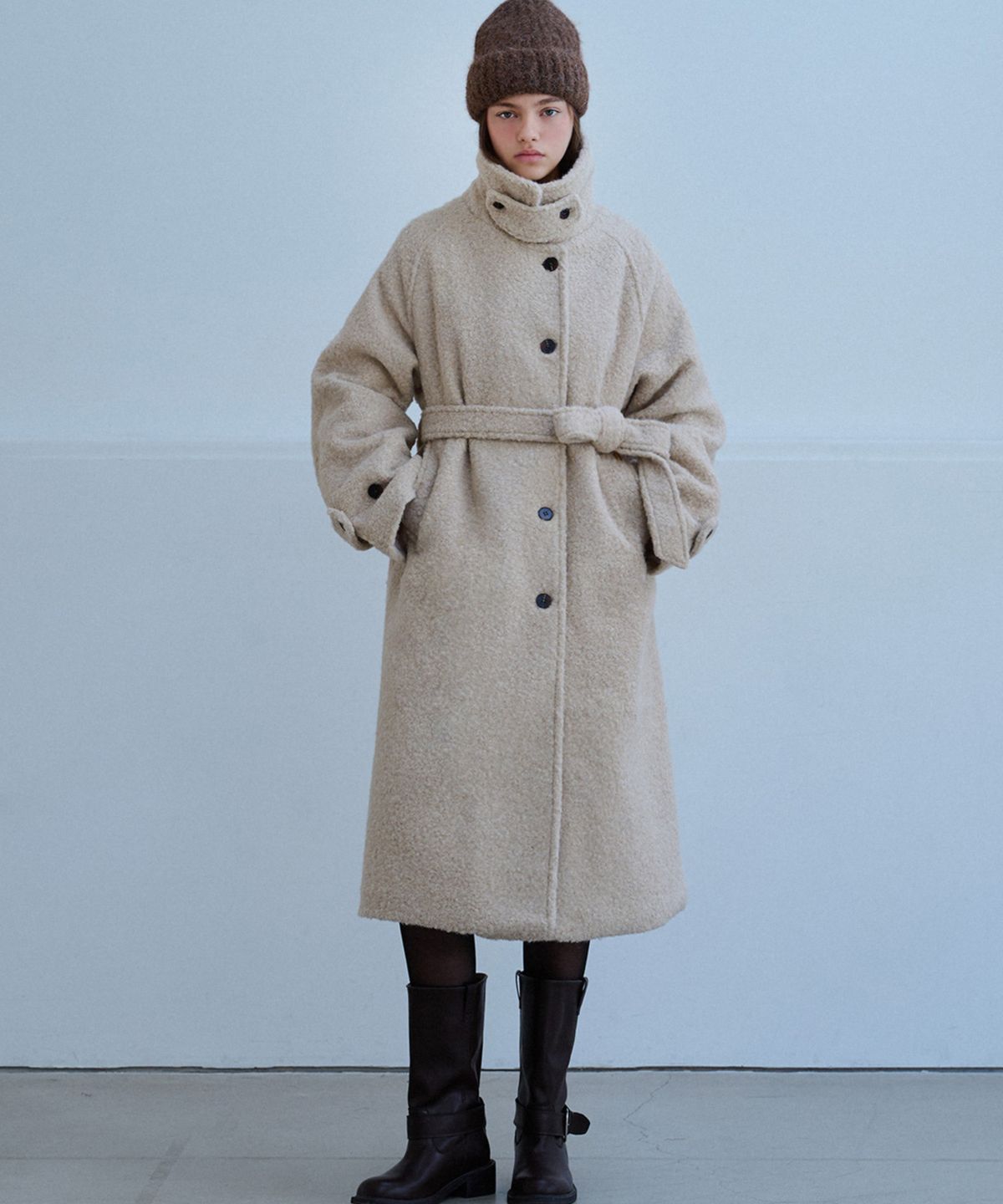 슬로우롤리(SLOWLOLLI) Boucle belted balmacan coat_2 Colors