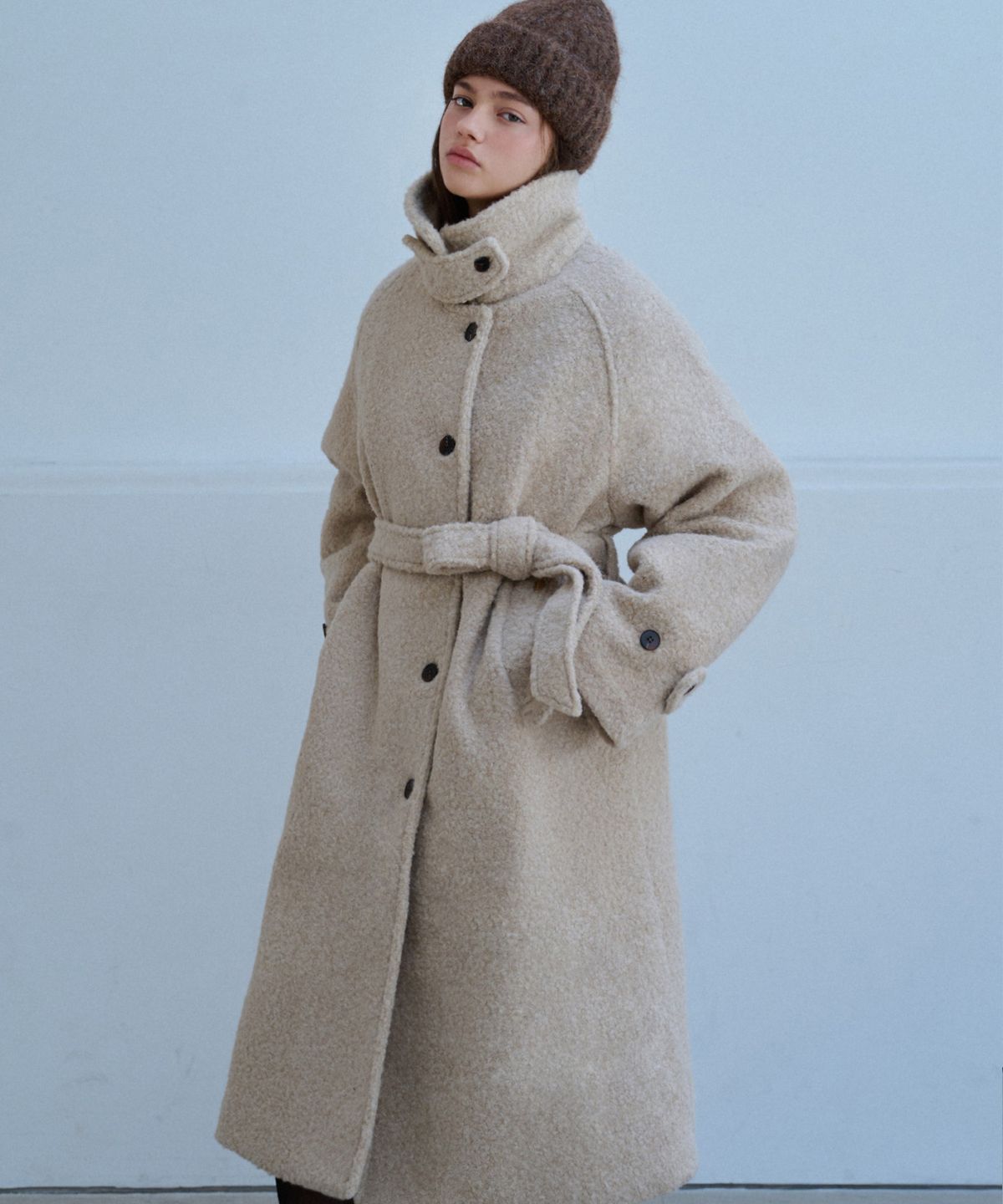 슬로우롤리(SLOWLOLLI) Boucle belted balmacan coat_2 Colors
