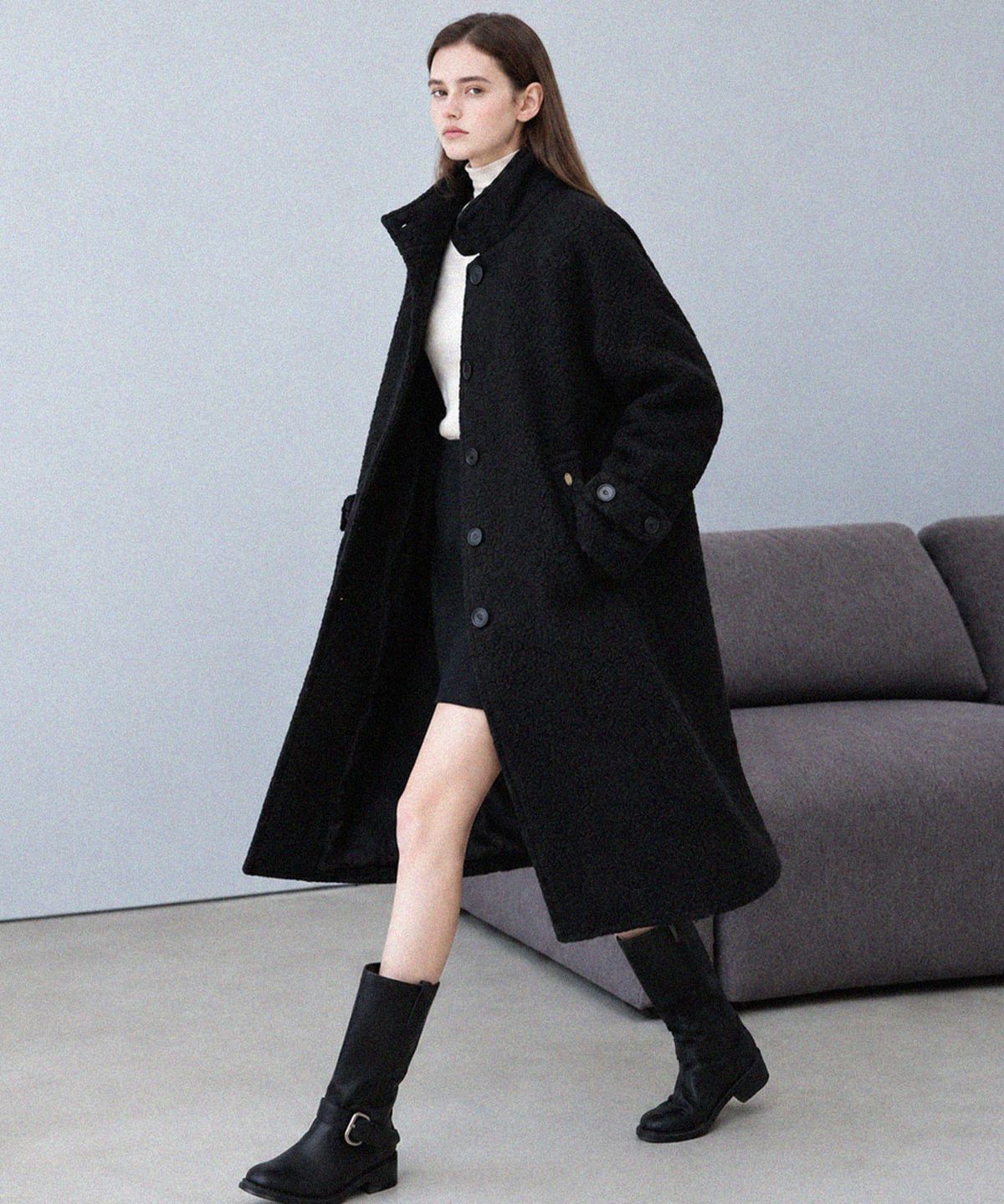 슬로우롤리(SLOWLOLLI) Boucle belted balmacan coat_2 Colors