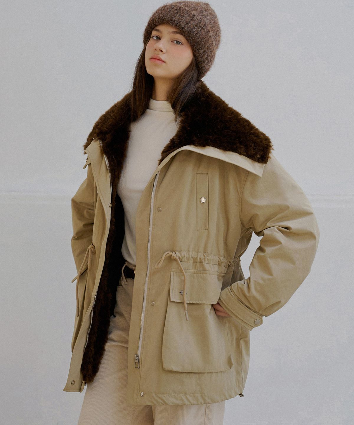 슬로우롤리(SLOWLOLLI) Fur collar field padding jumper_2 Colors