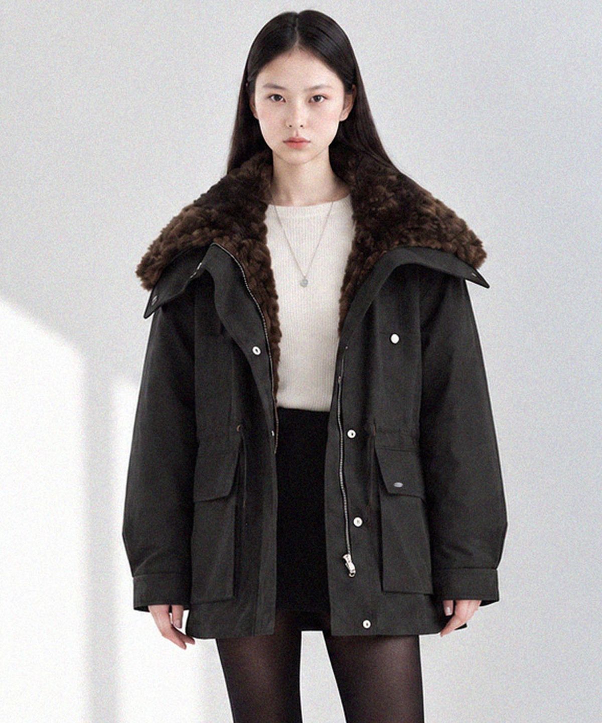 슬로우롤리(SLOWLOLLI) Fur collar field padding jumper_2 Colors
