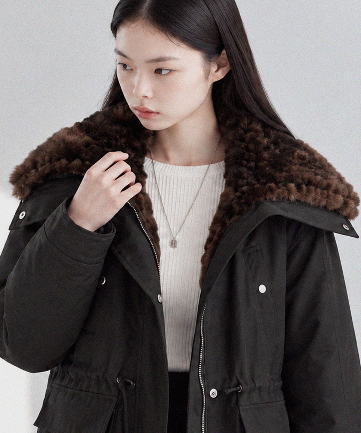 슬로우롤리(SLOWLOLLI) Fur collar field padding jumper_2 Colors
