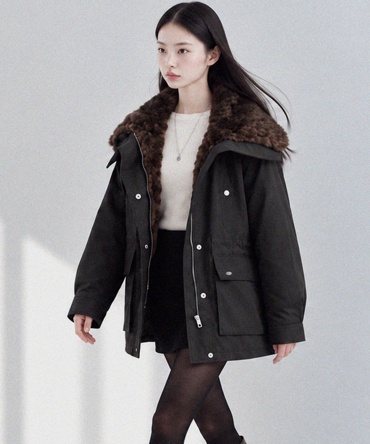 슬로우롤리(SLOWLOLLI) Fur collar field padding jumper_2 Colors