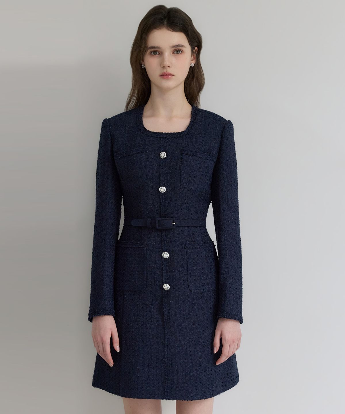 쥴리앤칼라(JULIY&CALLA) 26FW 칼라150 도멘 벨라 트위드 원피스 네이비
