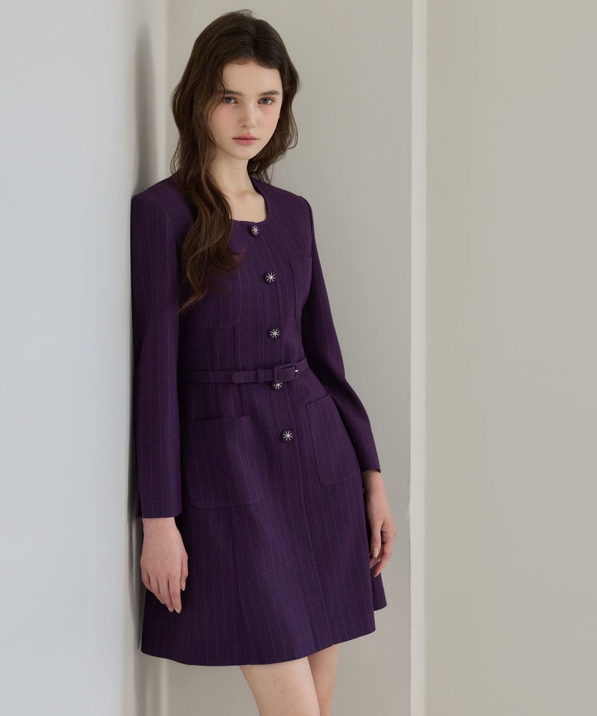 쥴리앤칼라(JULIY&CALLA) 26FW 칼라158 도멘 조엘라 스트라이프 원피스 퍼플