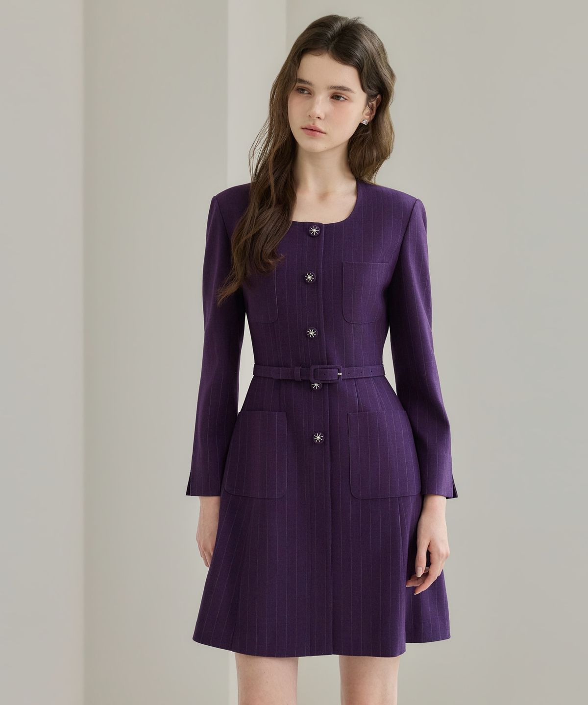 쥴리앤칼라(JULIY&CALLA) 26FW 칼라158 도멘 조엘라 스트라이프 원피스 퍼플