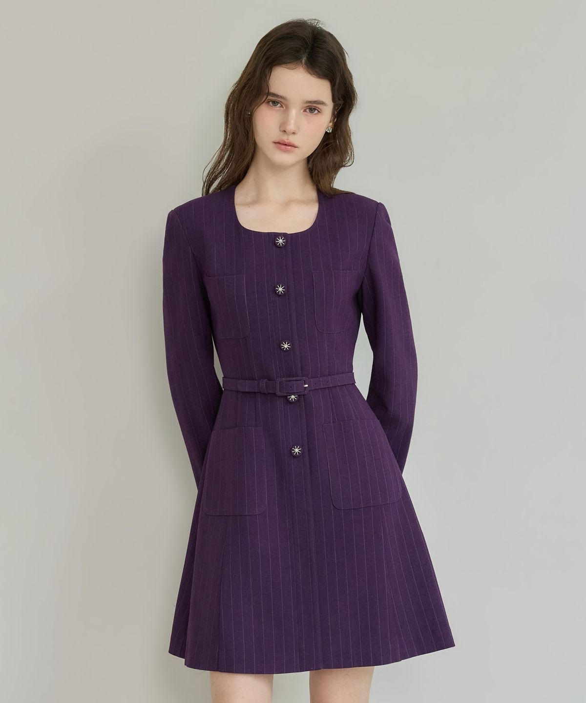 쥴리앤칼라(JULIY&CALLA) 26FW 칼라158 도멘 조엘라 스트라이프 원피스 퍼플