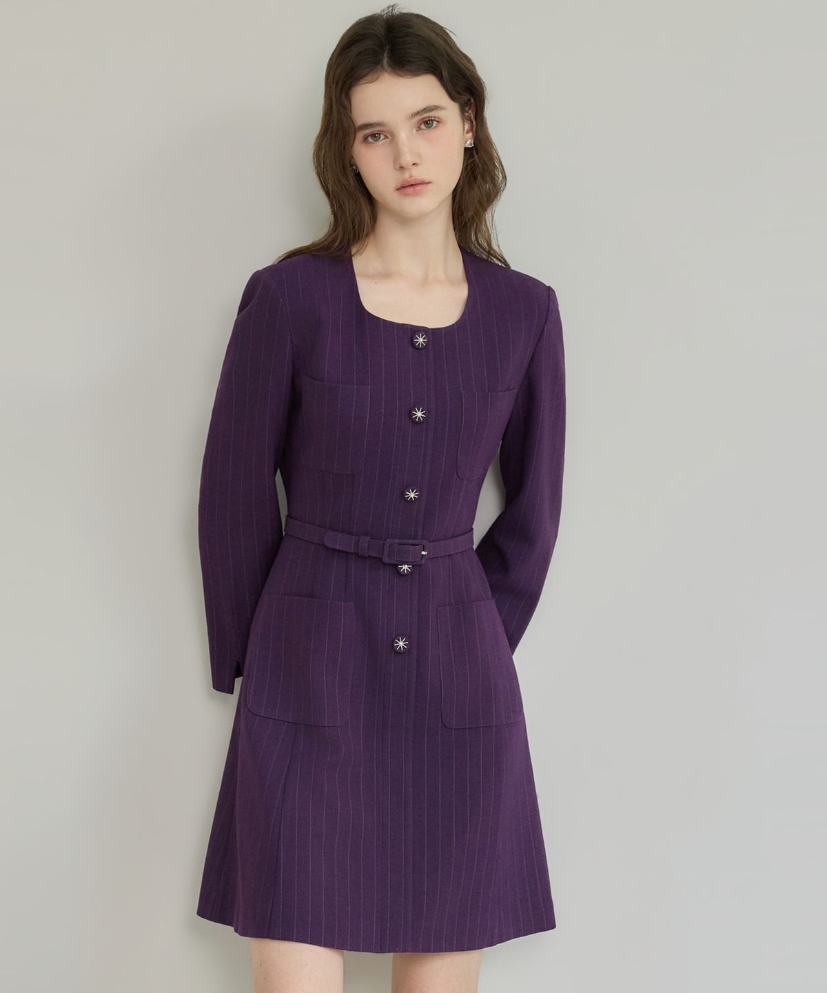 쥴리앤칼라(JULIY&CALLA) 26FW 칼라158 도멘 조엘라 스트라이프 원피스 퍼플