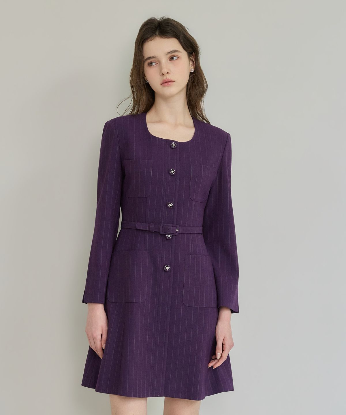 쥴리앤칼라(JULIY&CALLA) 26FW 칼라158 도멘 조엘라 스트라이프 원피스 퍼플