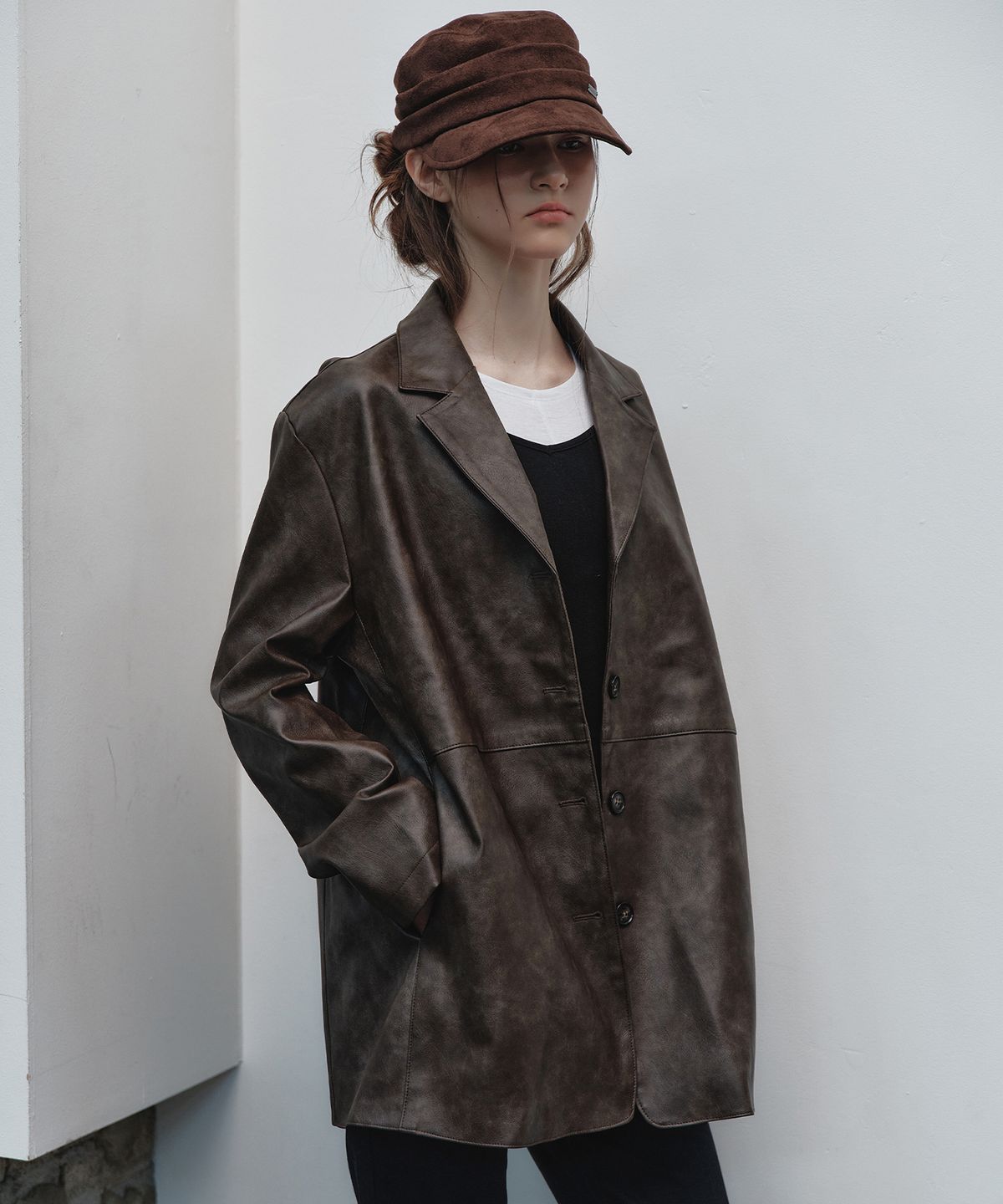 닉앤니콜(NICK&NICOLE) LEATHER HALF COAT_BROWN