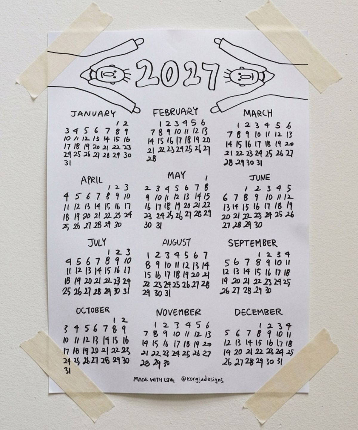 콩주편지(KONGJUDESIGNS) 2027년 손글씨 달력 포스터 A4