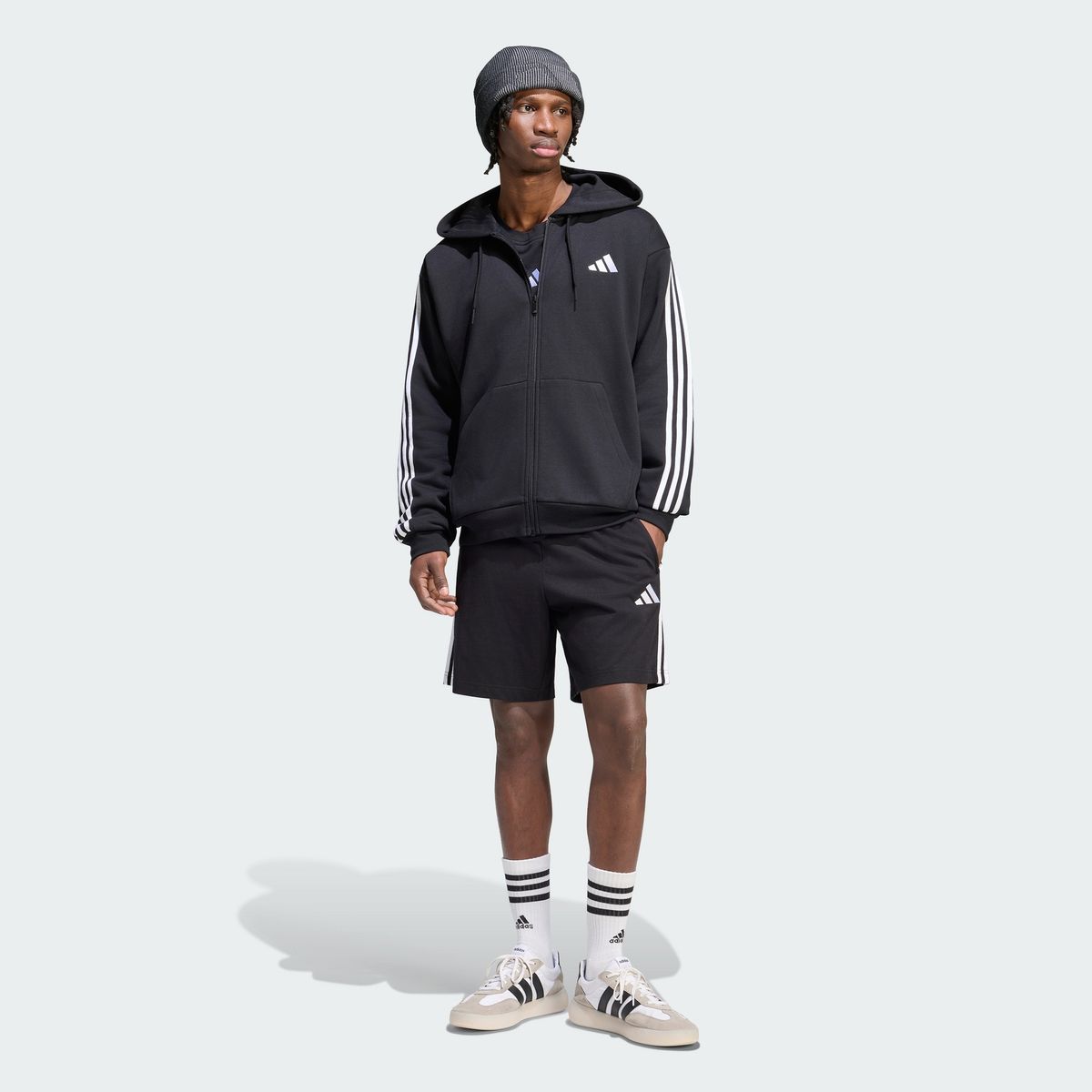 아디다스(ADIDAS) 에센셜 3-스트라이프 플리스 전장 지퍼 후디 트랙 탑 KY6559