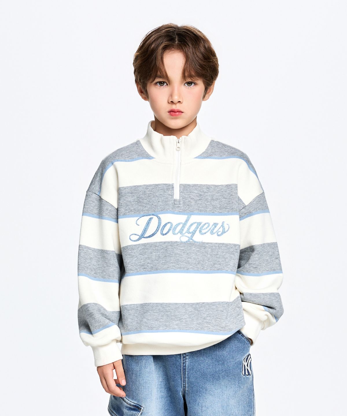 엠엘비 키즈(MLB KIDS) 스트릿 스트라이프 반집업 기모 맨투맨 LA (Melange Grey)