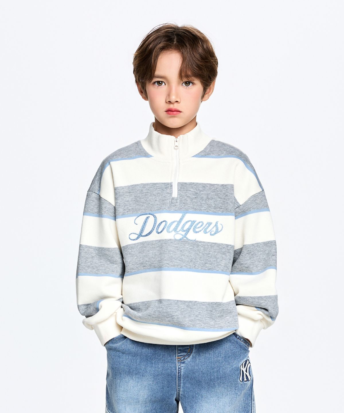엠엘비 키즈(MLB KIDS) 스트릿 스트라이프 반집업 기모 맨투맨 LA (Melange Grey)