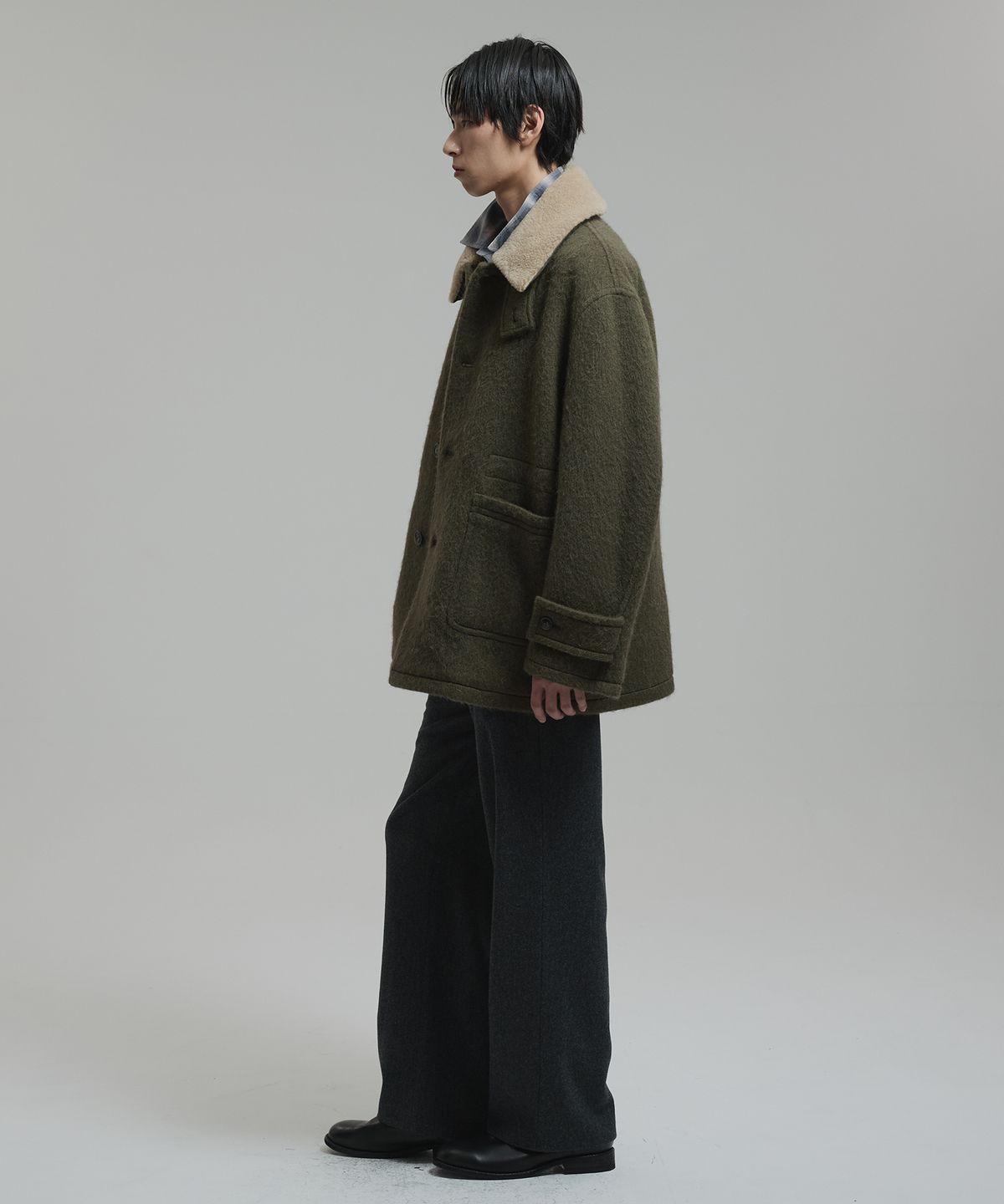 넌블랭크(NONBLANK) 디테쳐블 카라 하프 코트_KHAKI